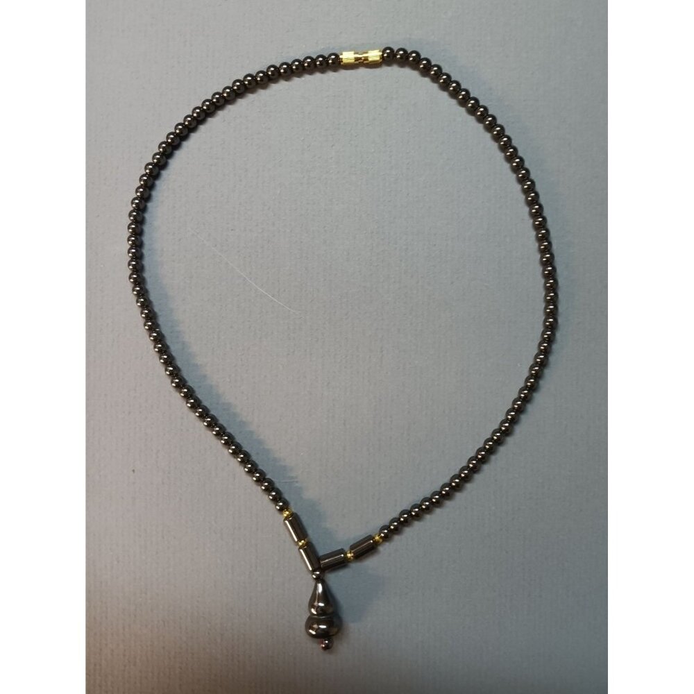 Hematite Beaded Necklace With Teardrop Pendant & Gold Accents